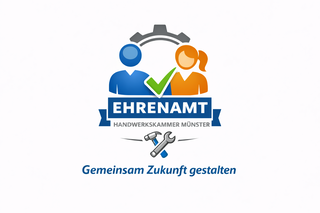 Das Bild zeigt das Logo der Handwerkskammer Münster für Ehrenamt, symbolisiert durch zwei Personen und Werkzeuge. Der Slogan drückt Gemeinschaft aus. (Erstellt mit Hilfe von ChatGPT)