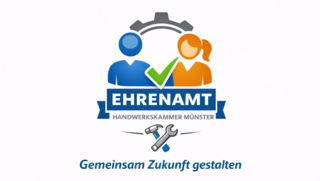 Das Bild zeigt das Logo der Handwerkskammer Münster für Ehrenamt, symbolisiert durch zwei Personen und Werkzeuge. Der Slogan drückt Gemeinschaft aus. (Erstellt mit Hilfe von ChatGPT)