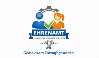 Das Bild zeigt das Logo der Handwerkskammer Münster für Ehrenamt, symbolisiert durch zwei Personen und Werkzeuge. Der Slogan drückt Gemeinschaft aus. (Erstellt mit Hilfe von ChatGPT)