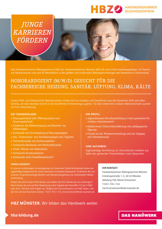 Das Bild zeigt einen lächelnden Mann in einem Anzug, der Informationen über Ausbildungsberufe im Handwerk vermittelt. Es geht um Karrierechancen und Honorardozenten.