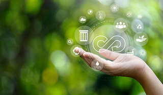 Eine Hand hält Symbole für Nachhaltigkeit, Recycling und Umwelt. Der Hintergrund zeigt grüne Natur, die für ein ökologisches Bewusstsein steht.