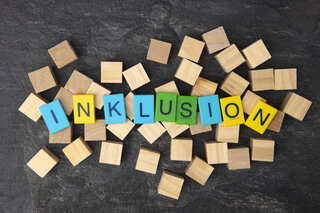 Das Bild zeigt bunte Buchstabenwürfel, die das Wort "INKLUSION" bilden, umgeben von Holzquadern. Es symbolisiert das Thema Inklusion.
