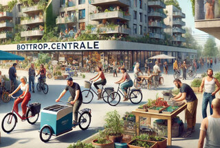 Das Bild zeigt eine lebendige Stadtlandschaft mit Radfahrern, Geschäften und urbanem Gärtnern, geprägt von Gemeinschaft und Nachhaltigkeit.