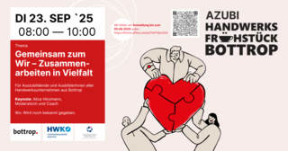 Das Bild bewirbt ein Azubi-Handwerksfrühstück in Bottrop am 23. September 2025, mit dem Thema Zusammenarbeit und einer Keynote von Alex Hinzmann.