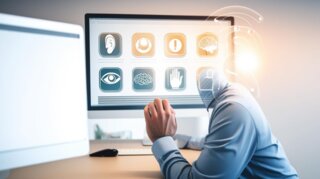 Ein Mann sitzt vor einem Computer, sein Kopf ist durch digitale Symbole ersetzt. Die Icons symbolisieren Sinne und Interaktion mit Technologie.