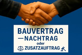 Das Bild zeigt zwei Hände beim Handschlag, darüber steht „Bauvertrag – Nachtrag oder Zusatzauftrag“ auf einem blauen Hintergrund.