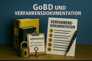 Das Bild zeigt eine stilvolle Darstellung mit Aktenordnern, einer Checkliste zur Verfahrensdokumentation und einem Schloss, das Sicherheit symbolisiert.