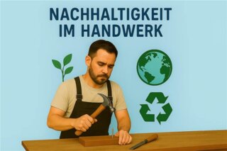 Das Bild zeigt einen Handwerker, der mit einem Hammer arbeitet. Im Hintergrund stehen Symbole für Nachhaltigkeit: ein Pflanze, die Erde und Recycling.