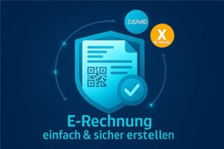 Das Bild zeigt eine digitale Rechnung in einem Schutzschild-Design. Es betont die einfache und sichere Erstellung von E-Rechnungen, mit QR-Code und Logos.