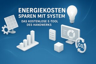 Das Bild zeigt Elemente zum Thema Energiekosten sparen, darunter ein Solarpanel, Grafiken, einen Computer und eine Glühbirne.